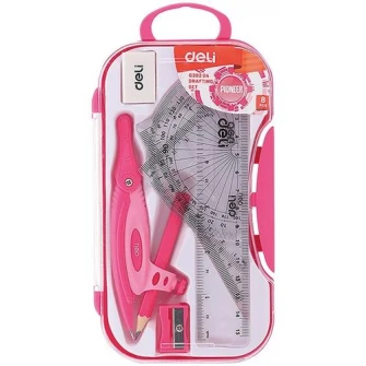 Trusa geometrie Deli, 7 piese/cutie plastic, roz