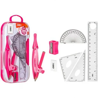 Trusa geometrie Deli, 7 piese/cutie plastic, roz