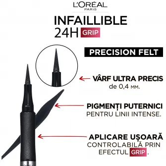 Tus lichid tip carioca LOreal Paris Infaillible 30H Grip Precision Felt 01 Black, 4 ml