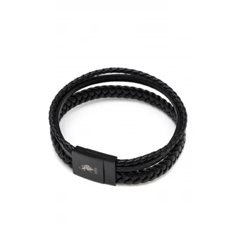 U.S. Polo Assn., Bratara de piele cu aspect impletit, Negru