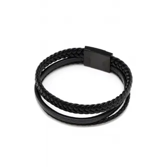 U.S. Polo Assn., Bratara de piele cu aspect impletit, Negru