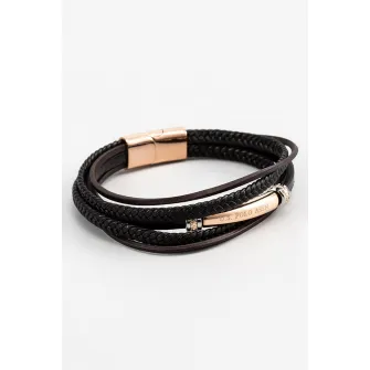 U.S. Polo Assn., Bratara de piele cu insertii metalice si aspect impletit, Negru