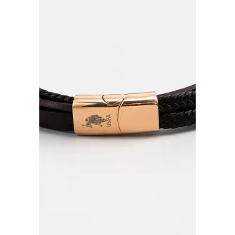 U.S. Polo Assn., Bratara de piele cu insertii metalice si aspect impletit, Negru