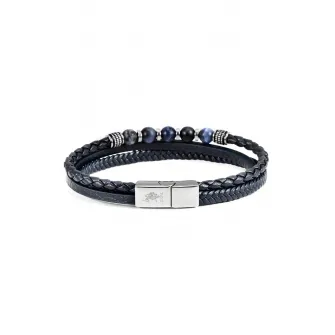 U.S. Polo Assn., Bratara de piele cu margele din lapis lazuli si labradorit, Albastru, Argintiu, Negru