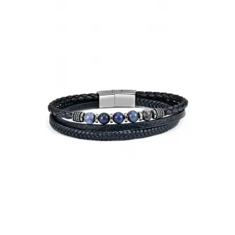 U.S. Polo Assn., Bratara de piele cu margele din lapis lazuli si labradorit, Albastru, Argintiu, Negru