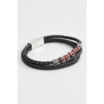 U.S. Polo Assn., Bratara de piele cu pietre Ochi-de-tigru, Argintiu, Negru