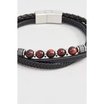 U.S. Polo Assn., Bratara de piele cu pietre Ochi-de-tigru, Argintiu, Negru