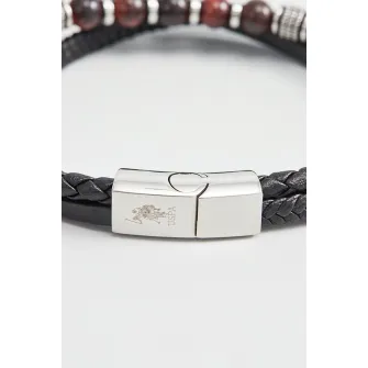 U.S. Polo Assn., Bratara de piele cu pietre Ochi-de-tigru, Argintiu, Negru