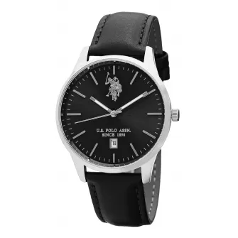 U.S. Polo Assn., Ceas analog cu o curea din piele, Negru/Argintiu
