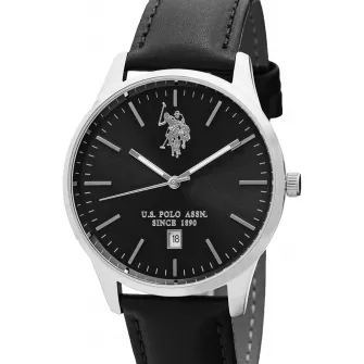 U.S. Polo Assn., Ceas analog cu o curea din piele, Negru/Argintiu