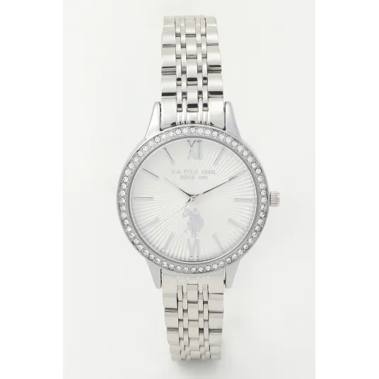 U.S. Polo Assn., Ceas din otel inoxidabil decorat cu zirconia, Argintiu/Alb
