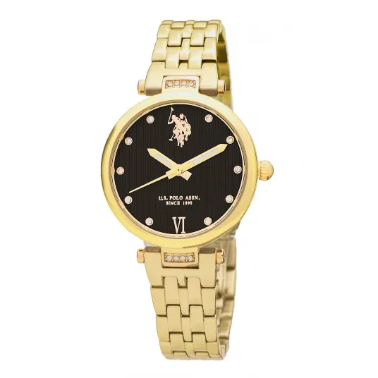 U.S. Polo Assn., Ceas quartz decorat cu cristale, Auriu, Negru
