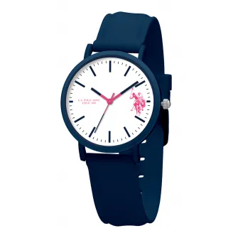 U.S. Polo Assn., Ceas unisex cu o curea din silicon, Albastru inchis/alb/roz fucsia