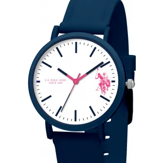U.S. Polo Assn., Ceas unisex cu o curea din silicon, Albastru inchis/alb/roz fucsia