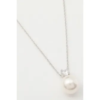 U.S. Polo Assn., Colier cu pandantiv cu perla si zirconia, Alb, Argintiu