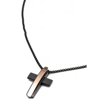 U.S. Polo Assn., Colier din otel inoxidabil cu pandantiv cruce, Negru stins/Auriu rose