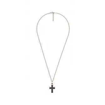U.S. Polo Assn., Colier din otel inoxidabil, cu pandantiv in forma de cruce, Argintiu/Negru