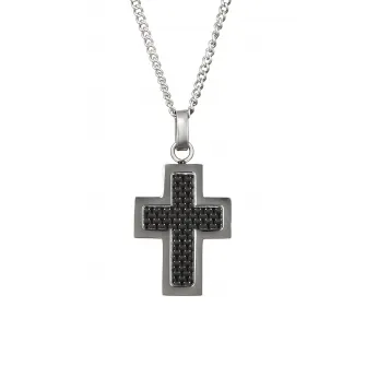 U.S. Polo Assn., Colier din otel inoxidabil, cu pandantiv in forma de cruce, Argintiu/Negru