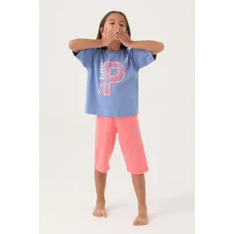 U.S. Polo Assn., Pijama cu imprimeu si maneci cazute, Albastru lavanda, Roz, 110-116 CM