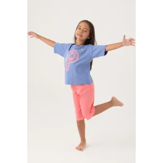 U.S. Polo Assn., Pijama cu imprimeu si maneci cazute, Albastru lavanda, Roz, 110-116 CM