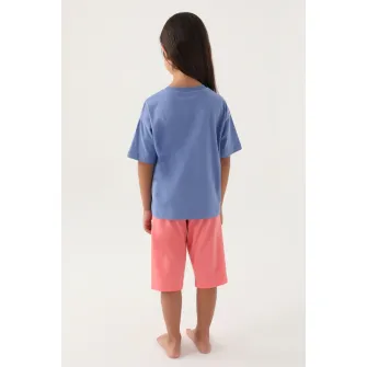 U.S. Polo Assn., Pijama cu imprimeu si maneci cazute, Albastru lavanda, Roz, 110-116 CM