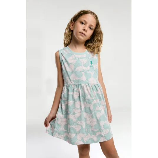 U.S. Polo Assn., Rochie scurta evazata cu model floral, Alb fildes, Turcoaz, 110-116 CM
