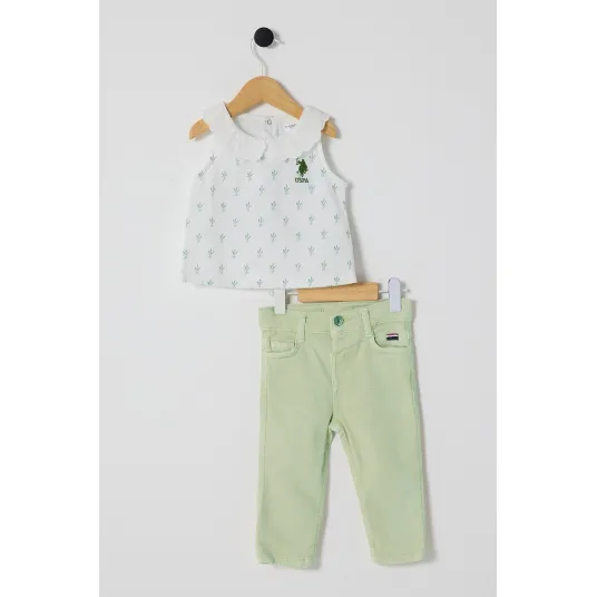 U.S. Polo Assn., Set de blugi si tricou cu imprimeu - 2 Piese, Alb optic, Verde fistic, 80-86 CM