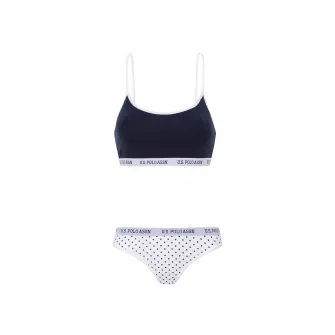 U.S. Polo Assn., Set de bustiera si chiloti cu logo, Alb, Bleumarin, 34