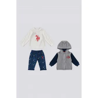 U.S. Polo Assn., Set de imbracaminte cu model colorblock - 3 piese, Gri melange, Albastru marin, 68-74 CM