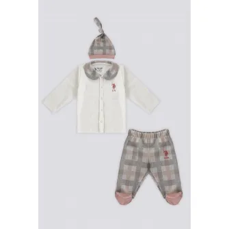U.S. Polo Assn., Set de imbracaminte cu model in carouri - 3 piese, Gri, Crem, 68-74 CM