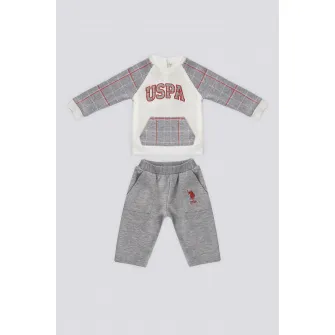 U.S. Polo Assn., Set de pantaloni de trening si bluza de trening cu model in carouri - 2 piese, Gri, Crem, 74-80 CM