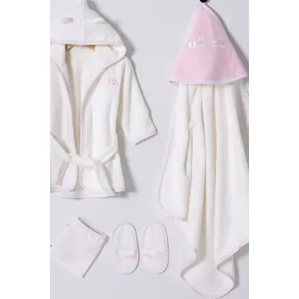 U.S. Polo Assn., Set de papuci de casa, halat de baie cu gluga si prosop - 4 Piese, Roz pastel, Alb murdar