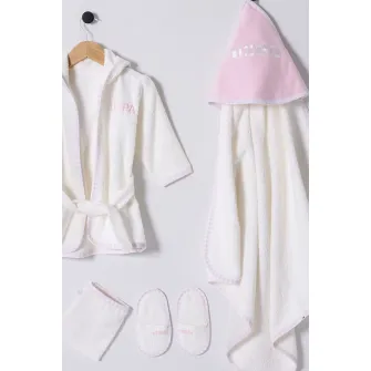U.S. Polo Assn., Set de papuci de casa, halat de baie cu gluga si prosop - 4 Piese, Roz pastel, Alb murdar