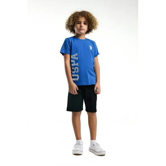 U.S. Polo Assn., Set de tricou cu decolteu la baza gatului si pantaloni, Alb, Negru, Albastru deschis, 110-116 CM