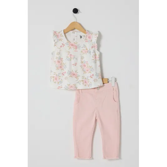 U.S. Polo Assn., Set de tricou cu imprimeu floral si pantaloni scurti - 2 Piese, Roz pastel, Alb murdar, 74-80 CM