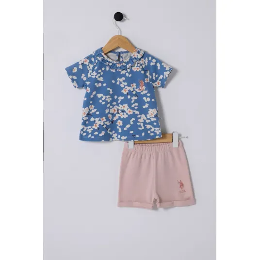 U.S. Polo Assn., Set de tricou cu model floral si pantaloni scurti cu imprimeu logo, Alb murdar, Albastru deschis, Roz prafuit, 86-92 CM