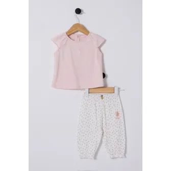 U.S. Polo Assn., Set de tricou de bumbac si pantaloni cu imprimeu, Alb, Bej inchis, Roz pal, 74-80 CM