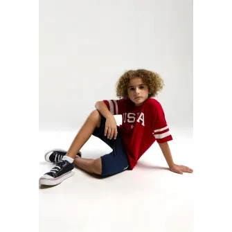 U.S. Polo Assn., Set de tricou de bumbac si pantaloni scurti cu imprimeu logo - 2 piese, Rosu, Alb, Bleumarin, 104-110 CM