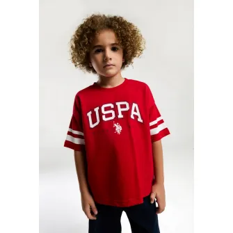 U.S. Polo Assn., Set de tricou de bumbac si pantaloni scurti cu imprimeu logo - 2 piese, Rosu, Alb, Bleumarin, 104-110 CM