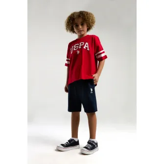 U.S. Polo Assn., Set de tricou de bumbac si pantaloni scurti cu imprimeu logo - 2 piese, Rosu, Alb, Bleumarin, 104-110 CM