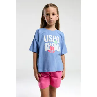 U.S. Polo Assn., Set de tricou si pantaloni scurti, Fucsia, Albastru deschis, 104-110 CM