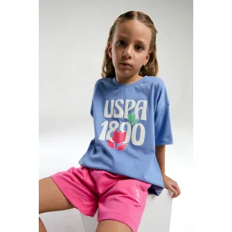 U.S. Polo Assn., Set de tricou si pantaloni scurti, Fucsia, Albastru deschis, 104-110 CM