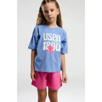 U.S. Polo Assn., Set de tricou si pantaloni scurti, Fucsia, Albastru deschis, 104-110 CM