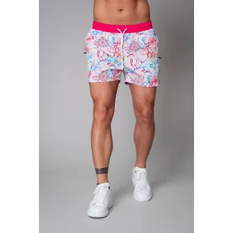 uFIT, Pantaloni scurti de baie cu model floral si buzunare laterale, Corai, Albastru lavanda, Alb optic, 2XL