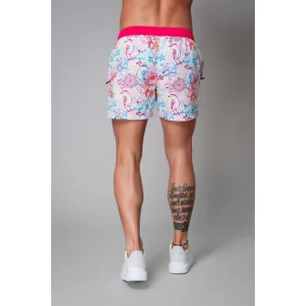 uFIT, Pantaloni scurti de baie cu model floral si buzunare laterale, Corai, Albastru lavanda, Alb optic, 2XL