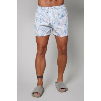 uFIT, Pantaloni scurti de baie cu model si buzunare laterale, Albastru pastel, Alb optic, 2XL