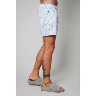 uFIT, Pantaloni scurti de baie cu model si buzunare laterale, Albastru pastel, Alb optic, 2XL