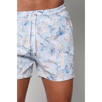 uFIT, Pantaloni scurti de baie cu model si buzunare laterale, Albastru pastel, Alb optic, 2XL