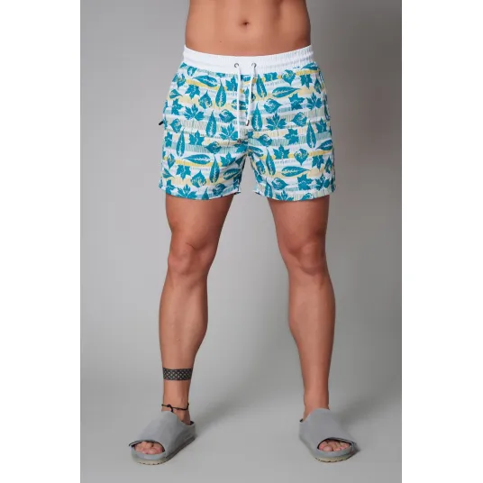 uFIT, Pantaloni scurti de baie cu model si talie ajustabila, Alb, Albastru royal, 2XL