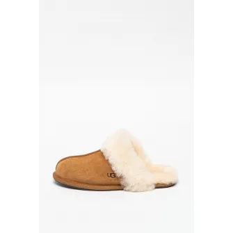 UGG, Papuci de casa de piele intoarsa cu garnituri de piele de oaie Scuffette II, Maro camel, 5